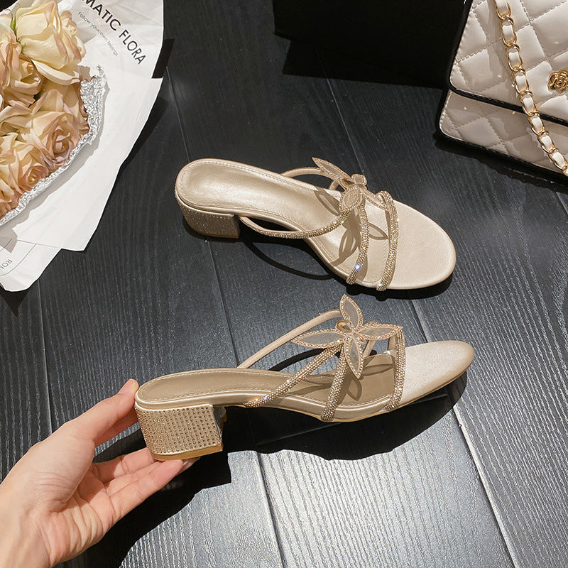 WO Huizhou City 2026 Summer European and American fashion round toe, thin heel and thick heel, rhinestone bow, versatile slipper girl