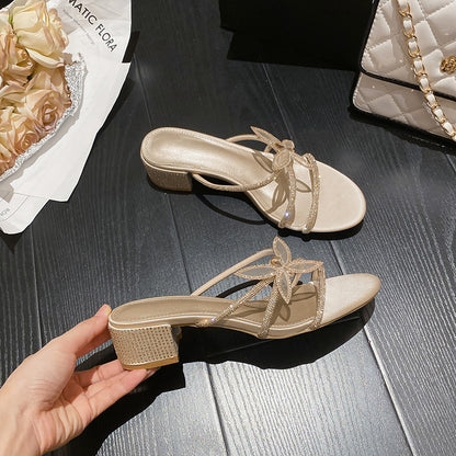 WO Huizhou City 2026 Summer European and American fashion round toe, thin heel and thick heel, rhinestone bow, versatile slipper girl