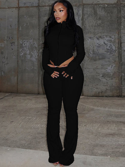 Cross-border autumn and winter new European and American clothing solid color stand-up collar sexy crop top long sleeve top high-waisted bell bottom pants suit for women