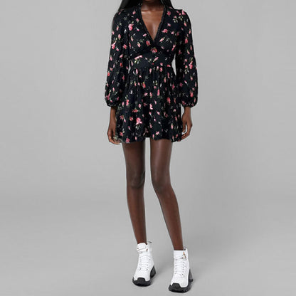 2026 Amazon European and American Clothing Temperament Sweet Floral High Waist Slim V-Neck Short Long Sleeve European and American Dress