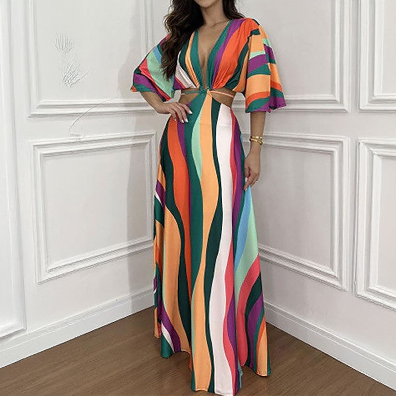 Vestido feminino estampado sexy com decote em V profundo e alças finas, da nova coleção Primavera 2026 da Amazon, modelo 661.