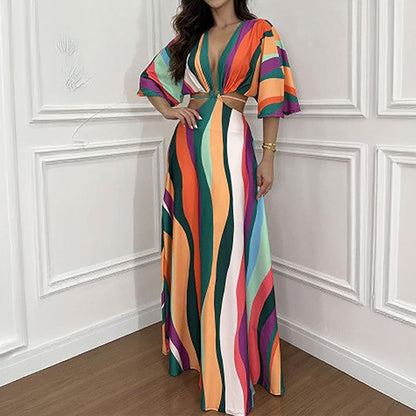 Spring 2026 New Amazon European Women's Fashion Print Sexy Deep V Waistless Strap Dress 661