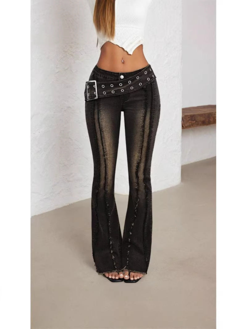Cross-border AliExpress foreign trade model new women's low-rise flared pants with sun buckle raw hem women's jeans