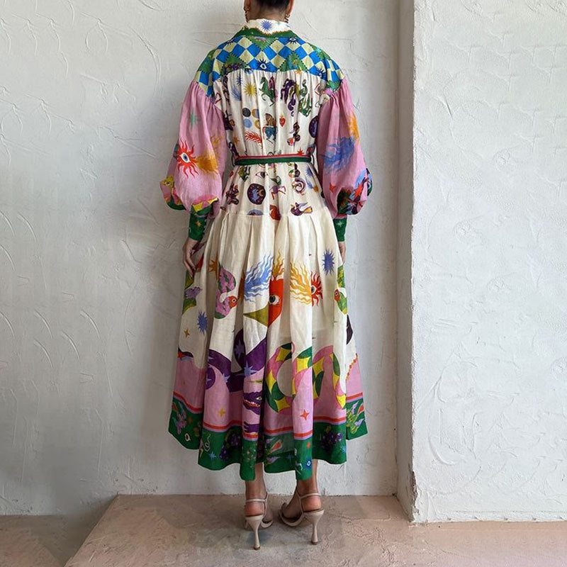 European and American women's clothing 2026 cross-border casual personalized print V-neck lace-up waist long sleeve large swing European and American dress women