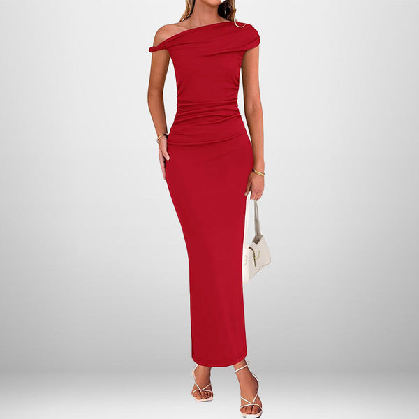 2025 Summer Amazon Cross-border European and American Clothing Elegant and fashionable solid color slanted shoulder high-waisted dress - view 2 | Ciaura