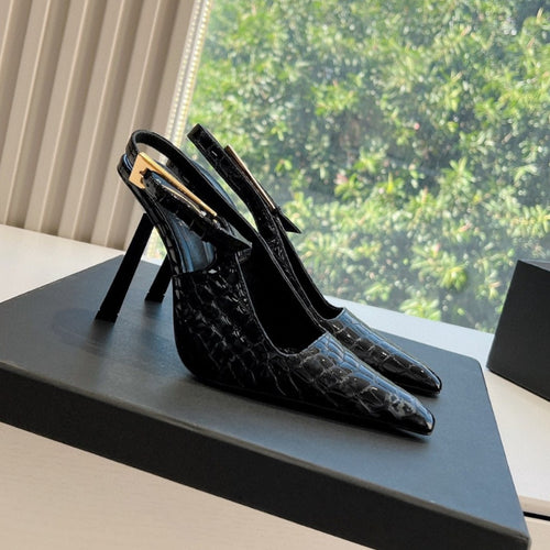 WO Huizhou City European and American Baotou back air sandals with buckles Yujie pointed toe thin heel patent leather slimming super high heel