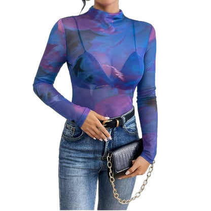 Cross-border 2025 spring and autumn new niche design slim long-sleeved top spliced with gradient color sexy long-sleeved top thin