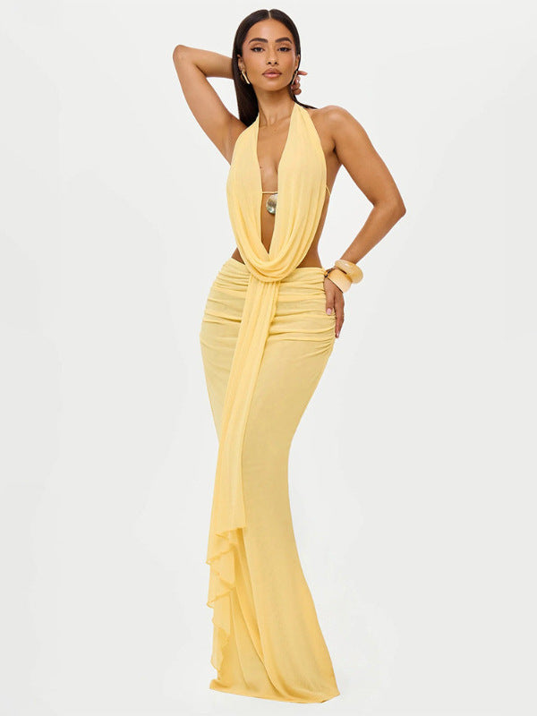 2025 new European and American outfits, sexy swinging neck, halterneck, open back top, pleated streamer, hip-hugging skirt, skirt suit for women