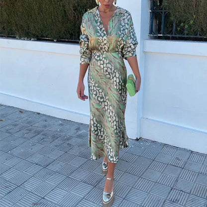 European and American Summer Cross-border New Elegant Printed Lapel Long Sleeve Shirt High Waist Skirt Fashion Set for Summer 2025