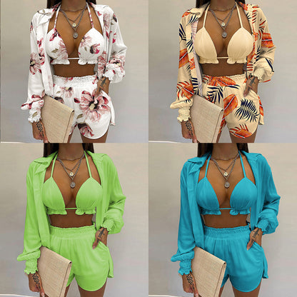 Conjunto de três peças sexy e elegante, moderno, europeu, com calções e cores sólidas, da Amazon AliExpress, lançamento 2026.