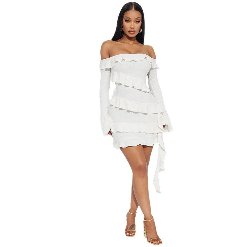 Foreign Trade AliExpress Autumn Women's New Sexy One-Shoulder Slim Flared Sleeve Short Ruffled Dress Women