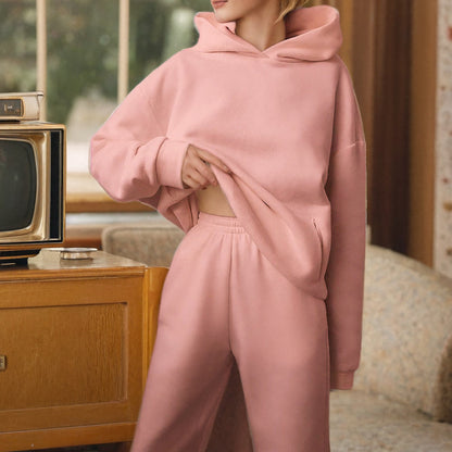 2026 New Cross-border European and American Fashion Casual Sports Style Solid Color Thickened Hooded Sweatshirt Fashion Suit Women