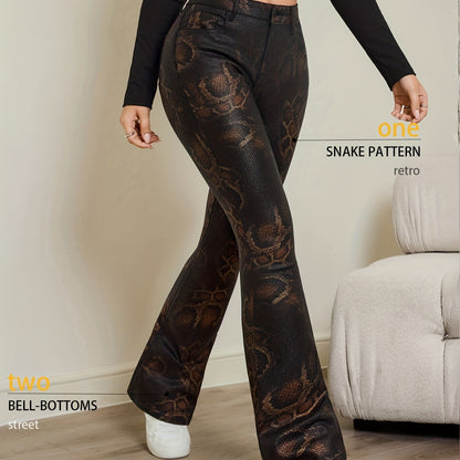 American new elegant, casual, versatile, slim, medium and high elasticity retro snake pattern flared jeans, women's color