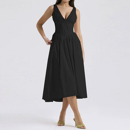 Amazon 2025 European and American women's summer new temperament commuter solid color V-neck sundress midi dress