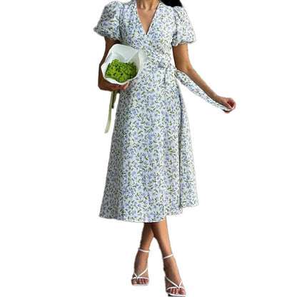 Spring 2026 new V-neck dress floral print puff sleeves waist slim temperament slim dress