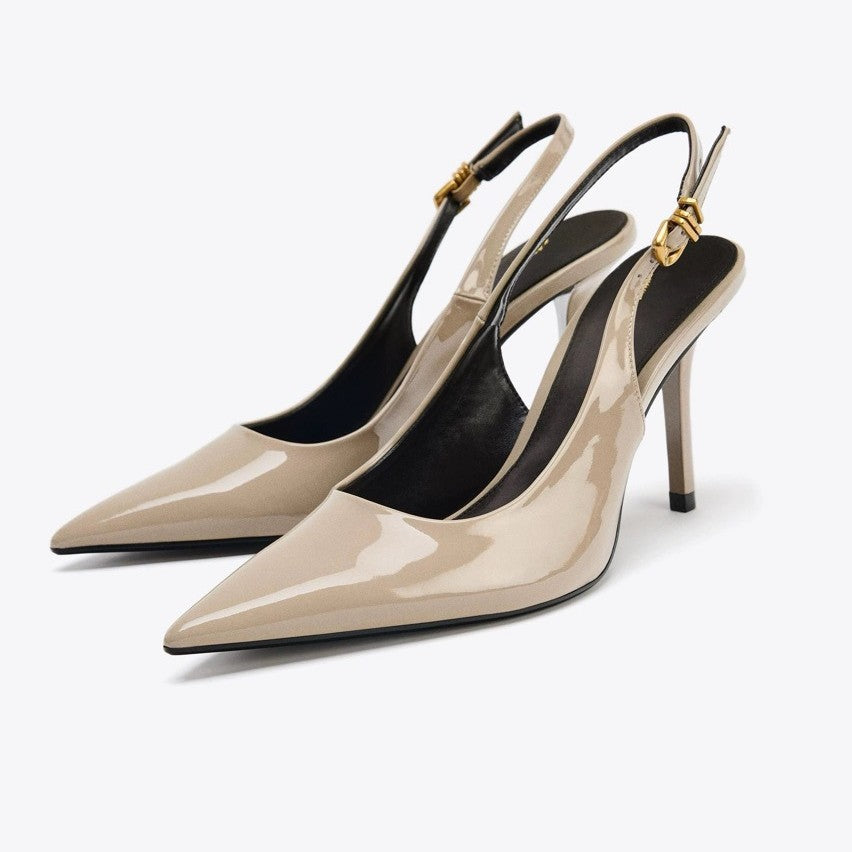 ZA2025 outono Nova fivela de metal preto pontiagudo saltos stiletto versáteis simples pontiagudo sandálias