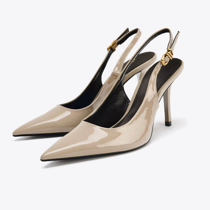 ZA2025 outono Nova fivela de metal preto pontiagudo saltos stiletto versáteis simples pontiagudo sandálias