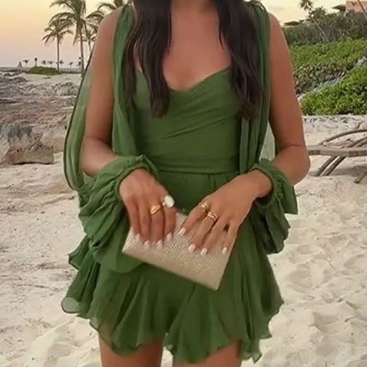 Amazon Cross-Border Spring 2026 Women's Dress Sexy Spice Girl Hollow Lantern Sleeve V-Neck Off-the-Shoulder Dress