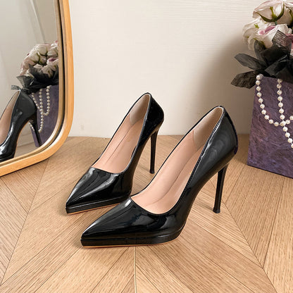 YX patent leather high heels, women's pointed toe platform, no tired feet, thin heels, commuting nude single shoes, red sole high heels