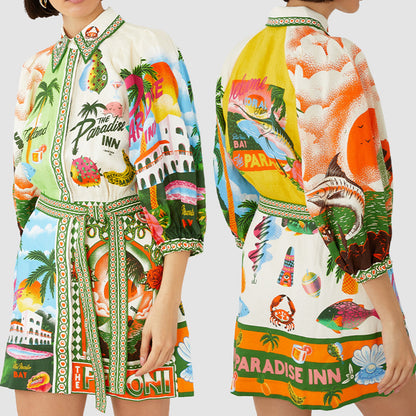 Roupas europeias e americanas 2026 AliExpress estação independente moda casual estampada camisa cardigã manga três quartos vestido de deslocamento