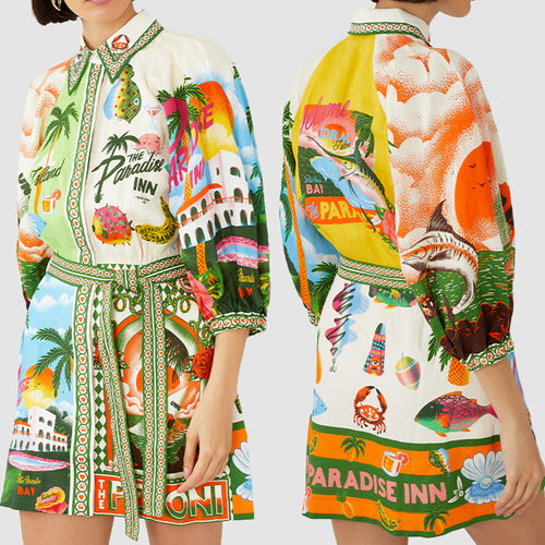 Roupas europeias e americanas 2026 AliExpress estação independente moda casual estampada camisa cardigã manga três quartos vestido de deslocamento