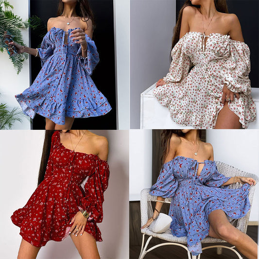 Vestido comprido de manga comprida com estampado sexy, cintura marcada e lançamento da coleção primavera 2026 da Amazon, para comércio externo europeu e americano.