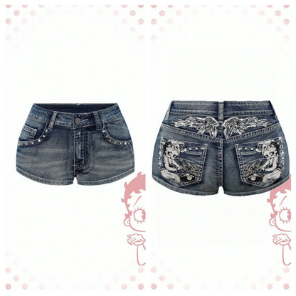 High-waisted slimming denim shorts, women's heavy industry embroidered nail beads, A-line hot girl style, new fashionable and versatile pants in summer