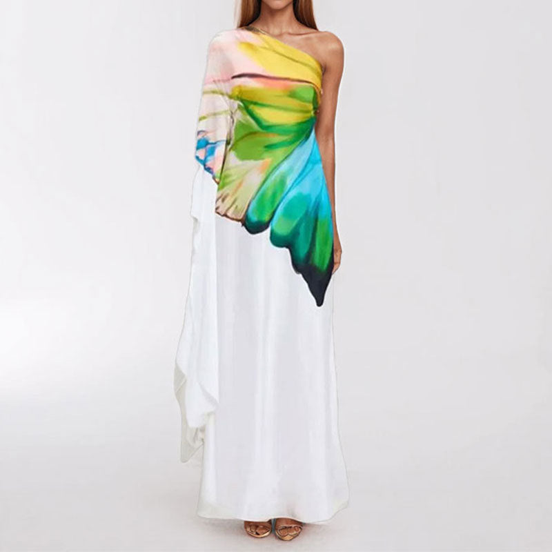 Primavera 2026: Nova coleção transfronteiriça de roupa de beleza europeia, elegante e com estampado grego, vestido comprido com racha e um ombro só.