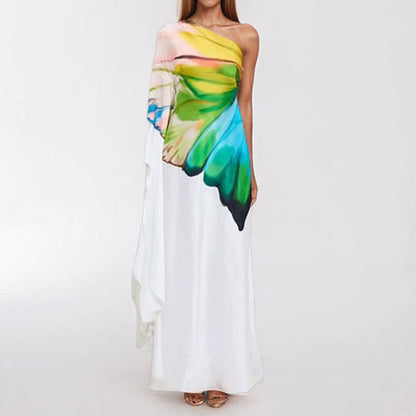 Primavera 2026: Nova coleção transfronteiriça de roupa de beleza europeia, elegante e com estampado grego, vestido comprido com racha e um ombro só.