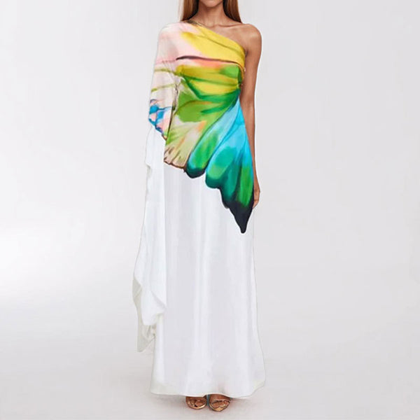 Spring 2026 new cross-border European beauty clothing temperament elegant printed Greek-style one-shoulder slit long dress