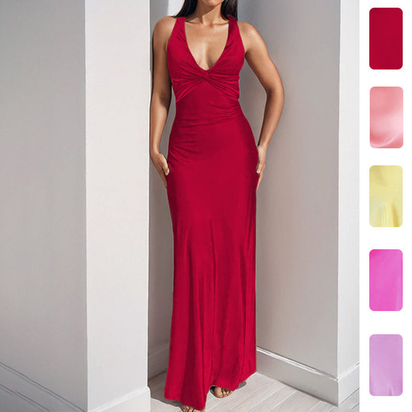 Spring 2026 New Amazon European and American Dress Sexy V-Neck Pleated Slim Skirt Temperament Elegant Dress