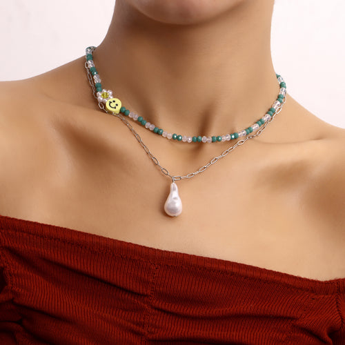 European and American cross-border jewelry, fashion double-layer crystal paper clip, smiley face, special-shaped pearl pendant necklace, female fairy style