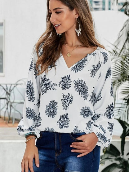 Cross-border Europe and the United States 2023 Amazon ebay Spring and Autumn New Loose Printed V-Neck Shirt Top Women