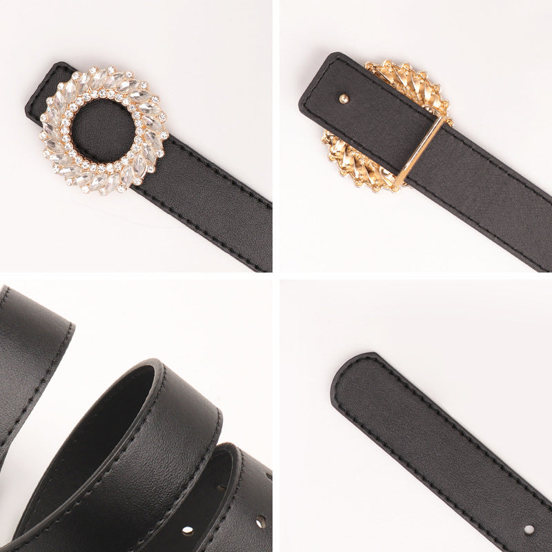 Cross-border new fashion round buckle rhinestone belt women's simple and versatile women's belt decoration luxury belt wholesale