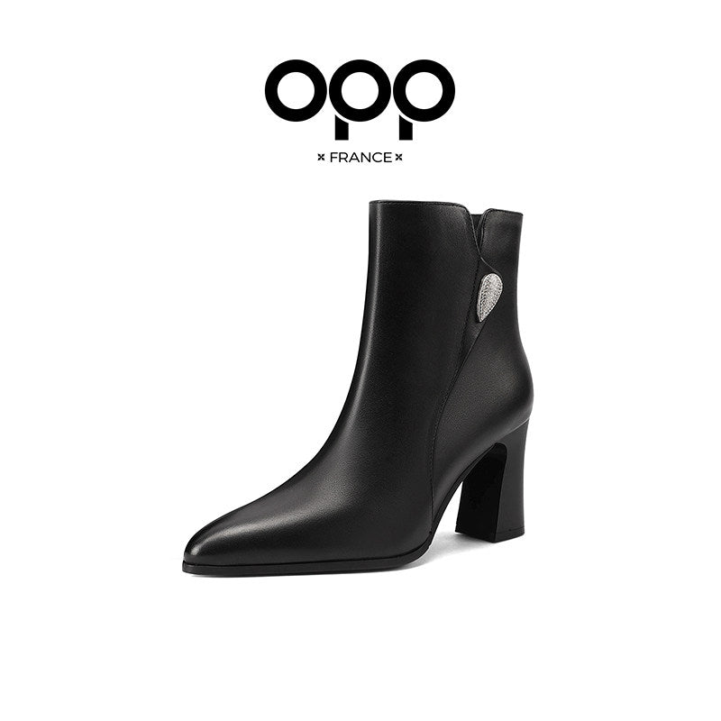 OPP low-heeled single boots women's new genuine leather booties for the fall of 2025, cowhide shoes, flat black Martin boots