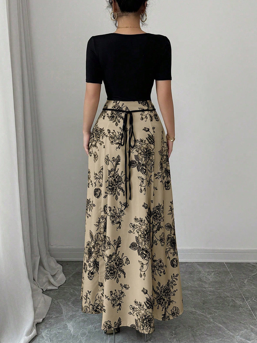 2025 Summer Women’s Slimming Contrast Short Sleeve Maxi Dress – European & American Cross-Border Beach Resort Slip Skirt Style