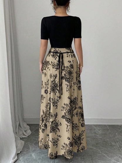 2025 Summer Women’s Slimming Contrast Short Sleeve Maxi Dress – European & American Cross-Border Beach Resort Slip Skirt Style