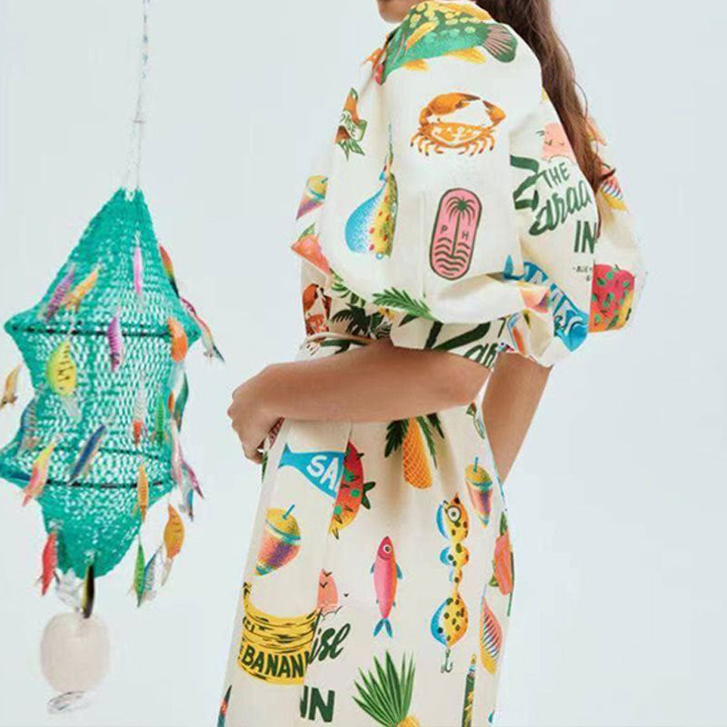 Spring 2026 new cross-border independent station AliExpress printed puff sleeve loose casual lace-up slit dress