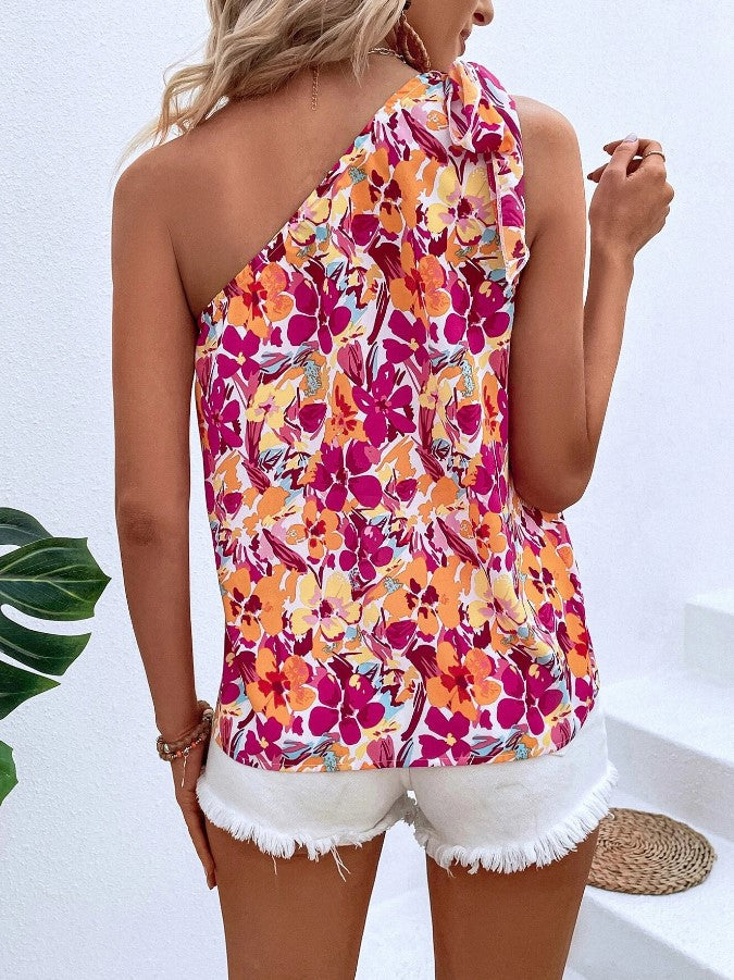 In stock: European and American cross-border 2024 Amazon spring/summer new flower print sexy thin belt knot one-shoulder top for women