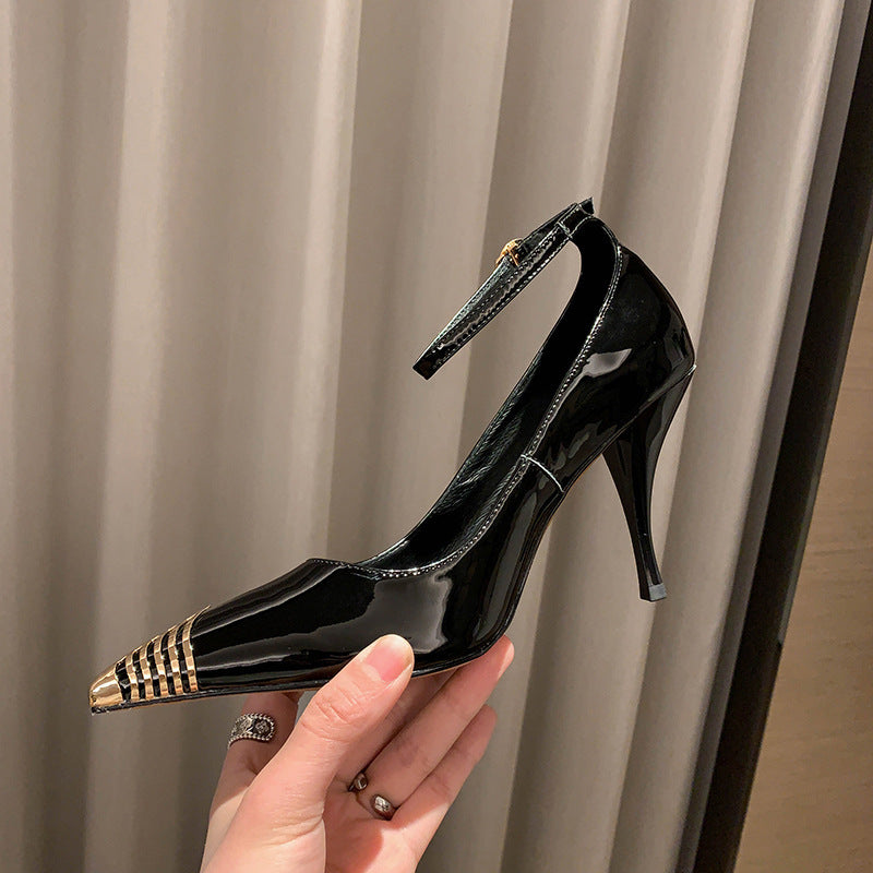 2026 spring metal pointed high heels women's shallow temperament single shoes with a line and color blocking women's shoes spring model