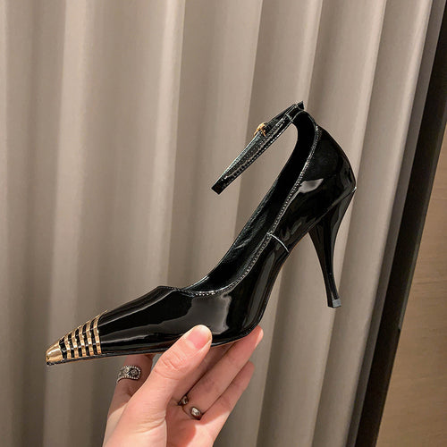 2026 spring metal pointed high heels women's shallow temperament single shoes with a line and color blocking women's shoes spring model
