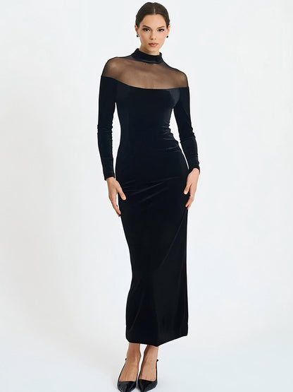 Foreign trade autumn and winter new European and beautiful women's clothing Hepburn-style velvet spliced mesh sexy see-through long-sleeved hip-hugging dress