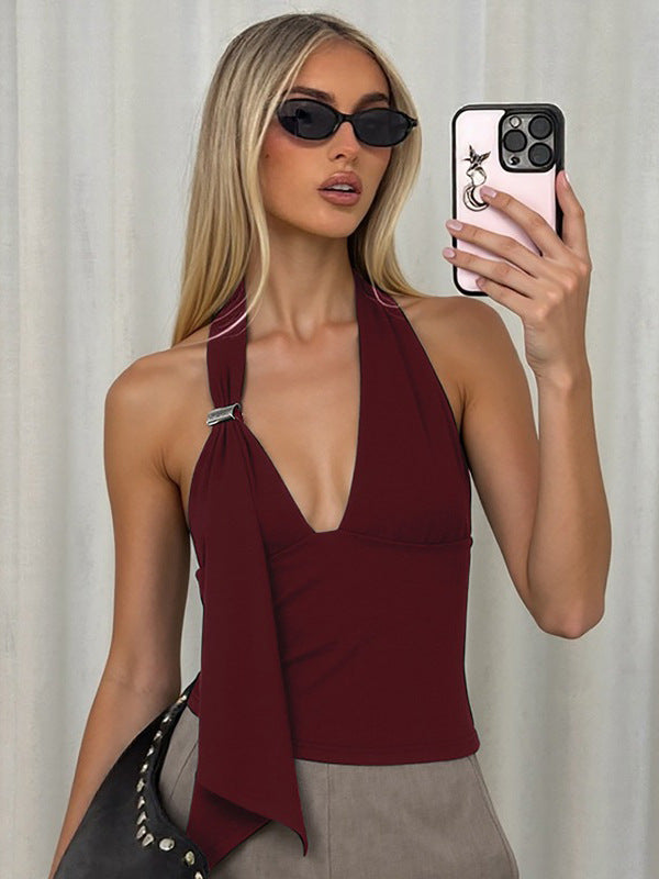 Foreign trade European and American winter new women's clothing solid color pure desire sexy low-cut halterneck streamer open back camisole vest