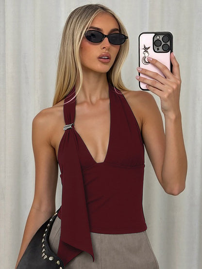 Foreign trade European and American winter new women's clothing solid color pure desire sexy low-cut halterneck streamer open back camisole vest