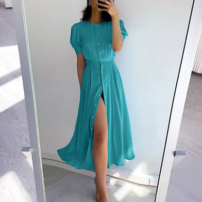 Cross-border Amazon new 2026 European and American women's clothing temperament commuting high-waisted solid color fashion slit European and American dress