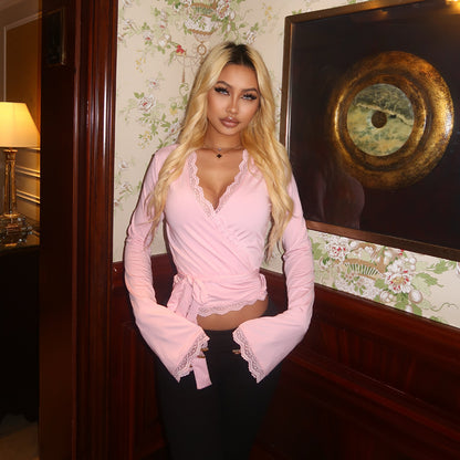 Cross-border Y2K pre-autumn new women's European and American style sexy lace lace strappy top slim long-sleeved base shirt