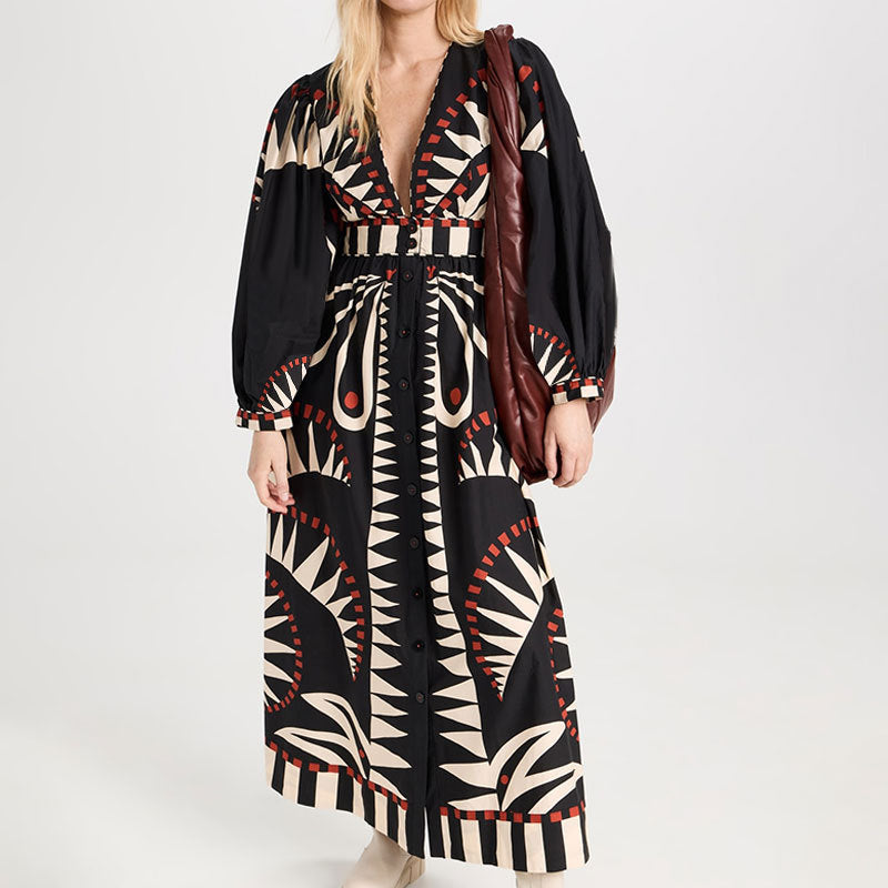 Spring 2026 new European and American cross-border women's lantern sleeve printed lapel cinched waist long sleeve big swing dress