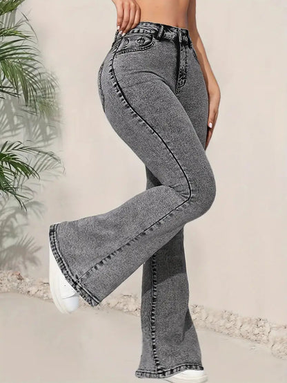 Cross-border foreign trade dark gray women's jeans slim slim multifunctional design high waisted denim flared pants JEANS