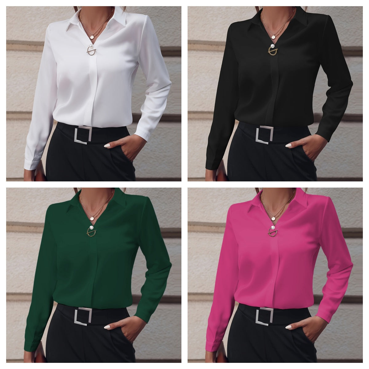 European and American commuter women's shirts are versatile and simple, Amazon solid color shirts, long sleeves, mid-length shirts