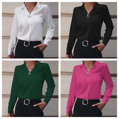European and American commuter women's shirts are versatile and simple, Amazon solid color shirts, long sleeves, mid-length shirts